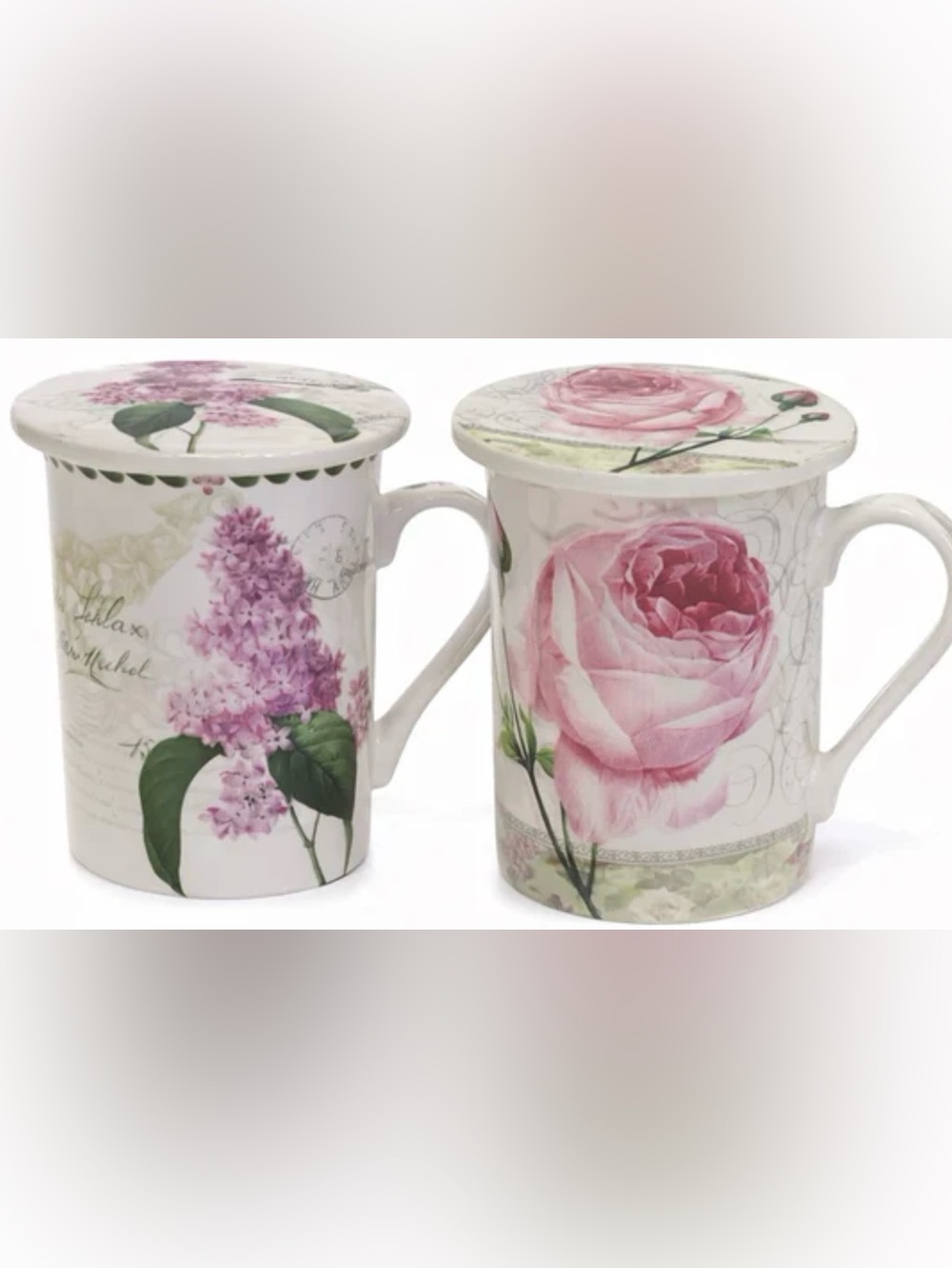 Kent Pottery Bone China Lidded Tea Mugs Set of 2 Pink Rose & Lilac Floral Cups - Picture 3 of 4